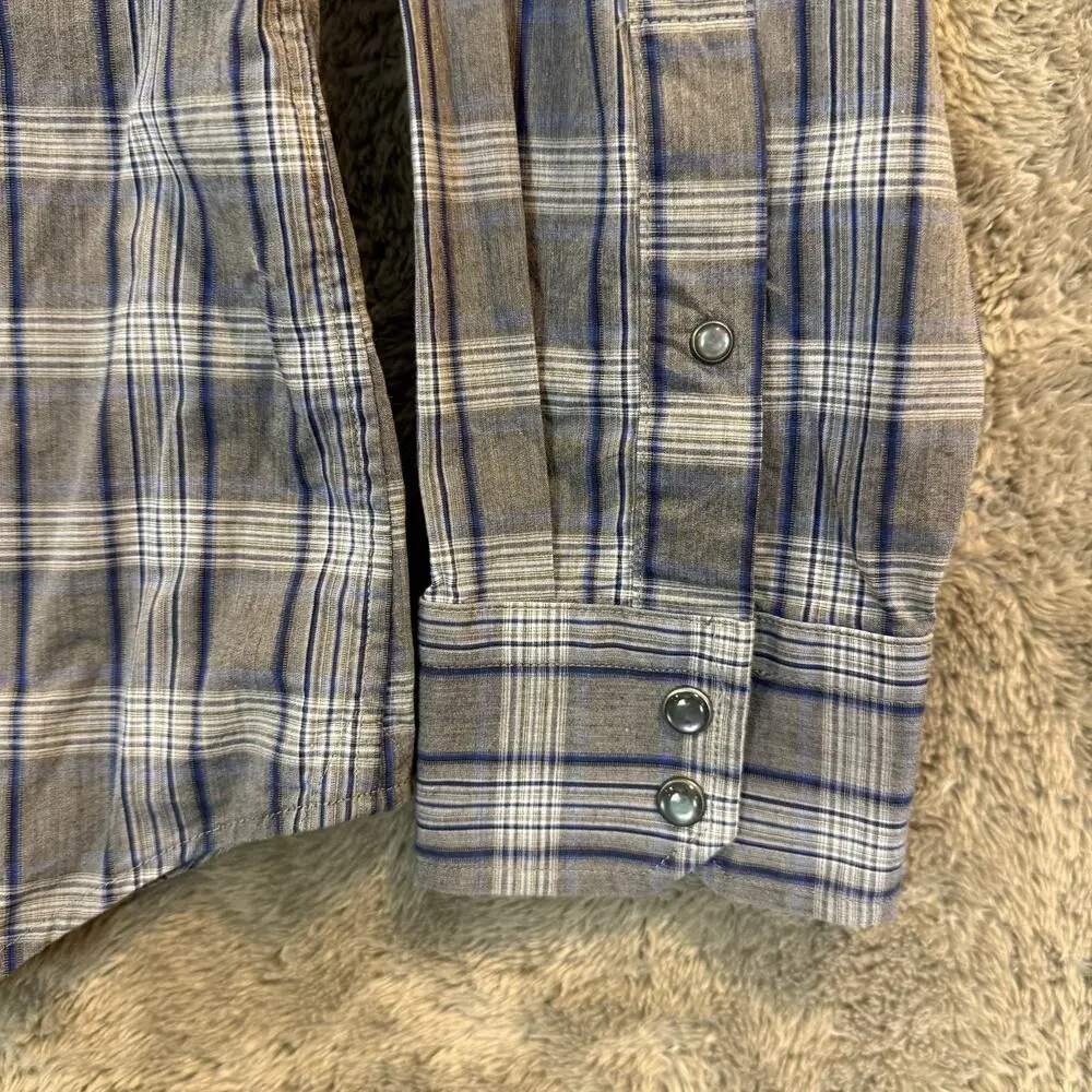 Banana Republic Slim Fit Blue Gray Plaid Check Western Shirt Peral Snap L Large